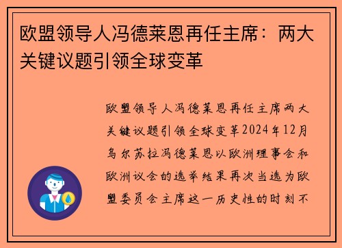欧盟领导人冯德莱恩再任主席：两大关键议题引领全球变革