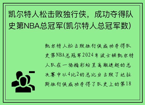 凯尔特人松击败独行侠，成功夺得队史第NBA总冠军(凯尔特人总冠军数)