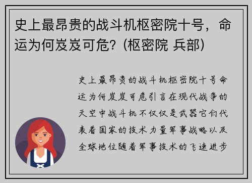 史上最昂贵的战斗机枢密院十号，命运为何岌岌可危？(枢密院 兵部)