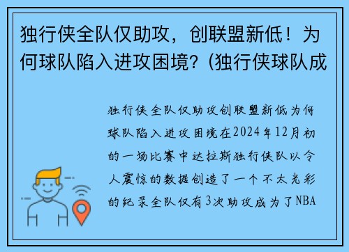 独行侠全队仅助攻，创联盟新低！为何球队陷入进攻困境？(独行侠球队成员)