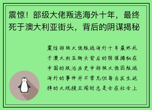 震惊！部级大佬叛逃海外十年，最终死于澳大利亚街头，背后的阴谋揭秘